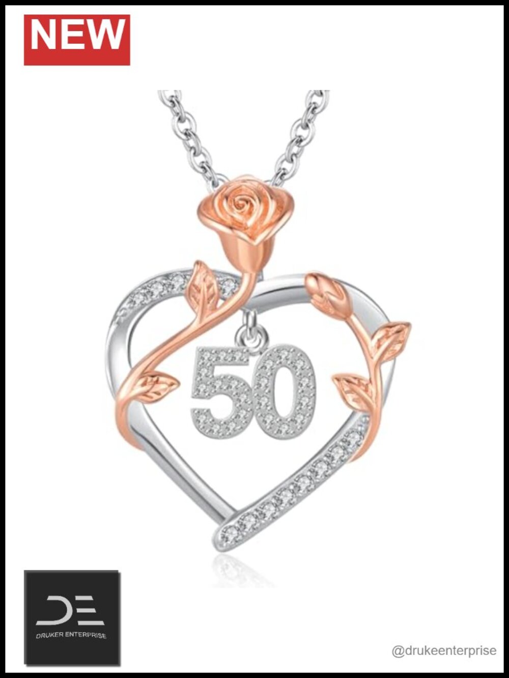 925 Sterling Silver Rose Flower Pendant Necklace 50th Birthday Gift for Women